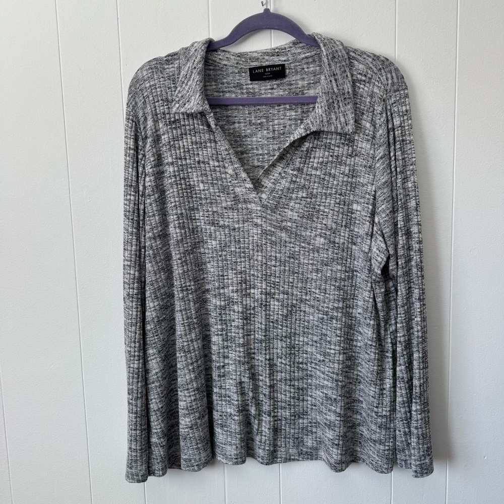 LANE BRYANT Heathered Grey Polo V-Neck Long Sleeve Ribbed Tee